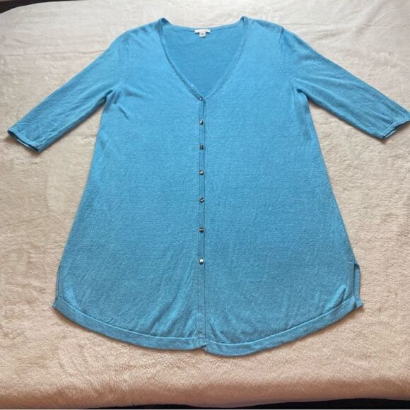 J. Jill Robin Egg Blue Linen Blend 3/4 Sleeve Cardigan Sweater Size Medium - Picture 1 of 12